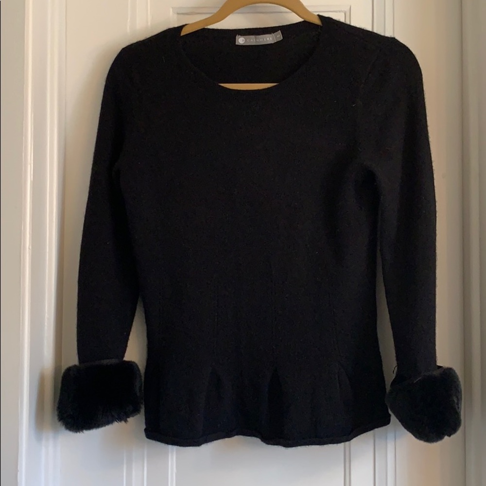 In cashmere fur trimmed peplum cashmere sweater